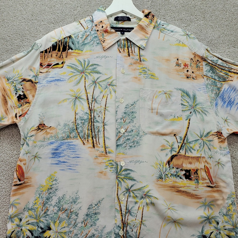 Tommy Hilfiger Mens M Hawaiian Aloha Shirt Tropical Print Short Sleeve Button Up